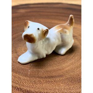 Vintage Miniature Porcelain Dog Figurine Handcrafted with Brown & White Glaze